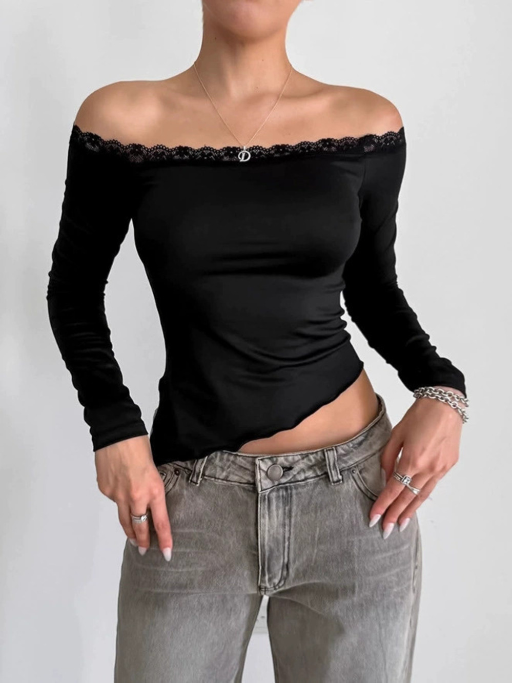 Forever 21 Fitted Off Shoulder Lace Trim Long Sleeve Top Lady Fall US Style